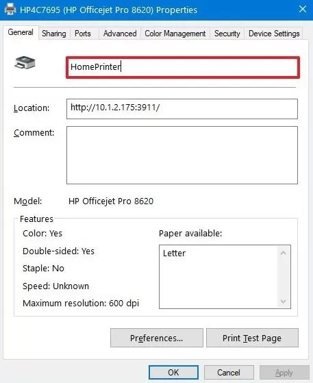 how to rename a printer windows 10