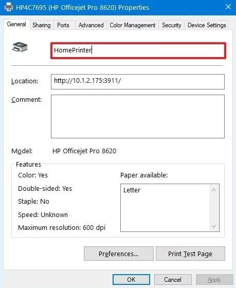 rename printer windows 10