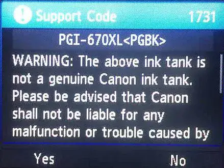 Canon Support Code 1731 Error Message