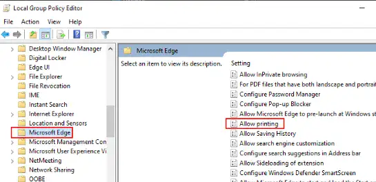 Disable Printing in Microsoft Edge on Windows 10