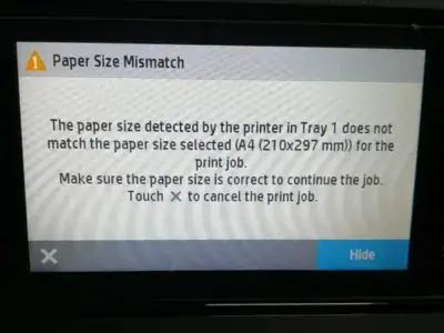 HP Printer E2 error code - paper length mismatch
